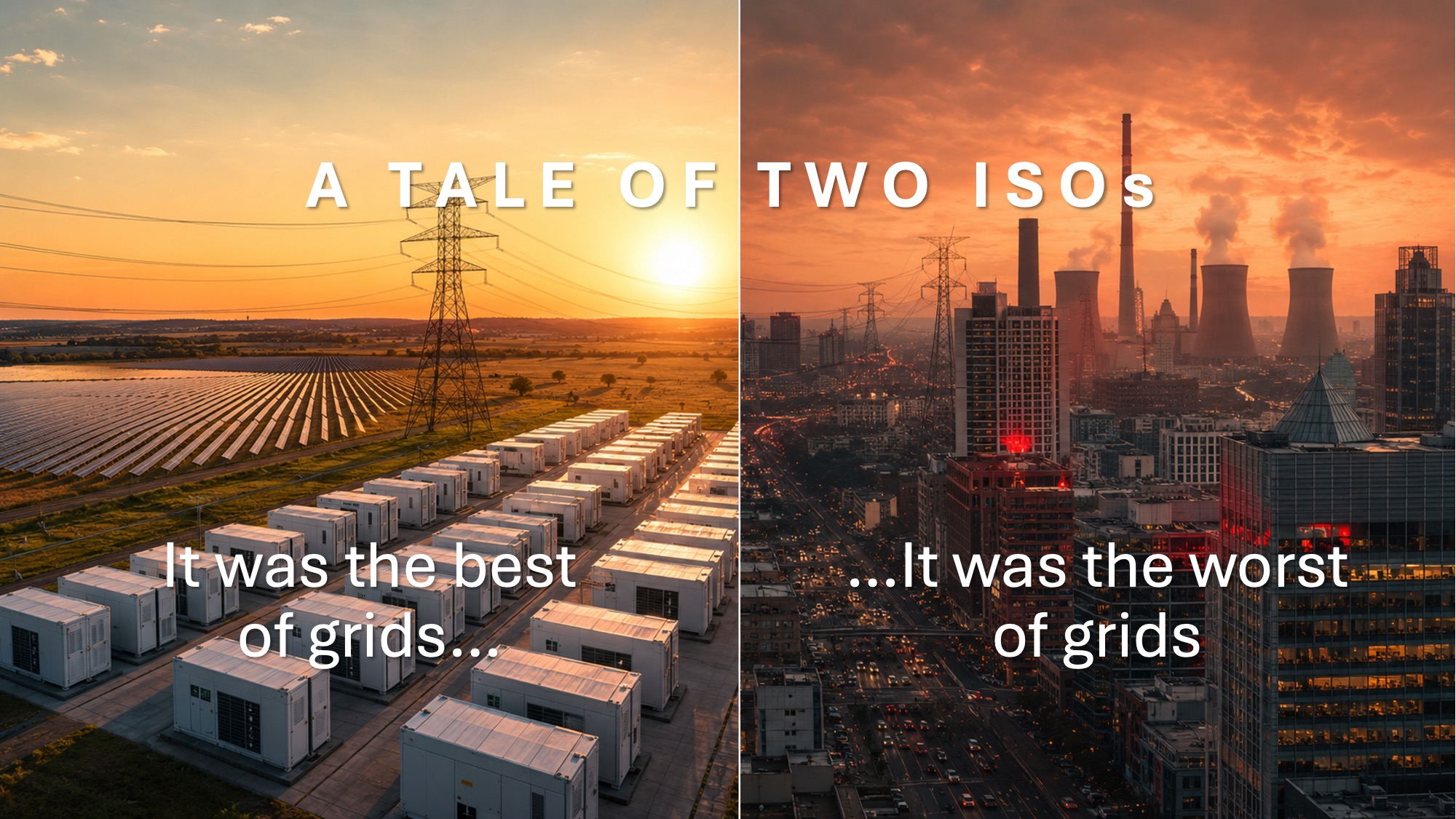 Split view contrasting ERCOT and PJM grid performance during the July 2026 heat wave