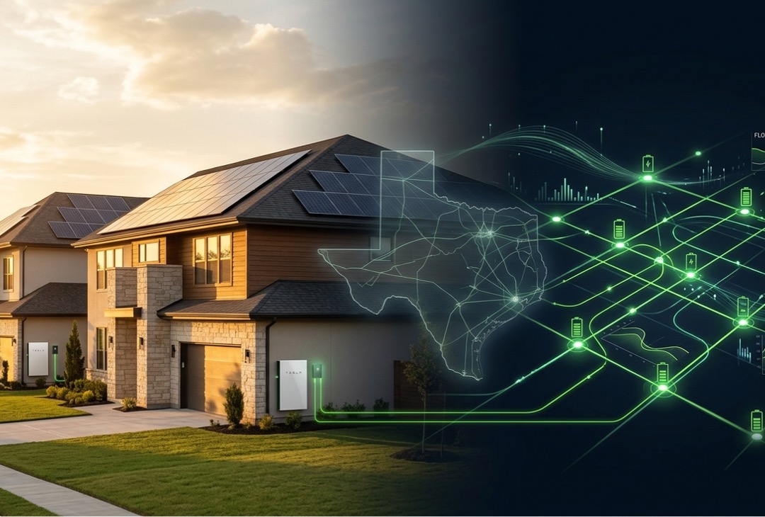 Residential homes with solar panels and battery storage connected to an AI-powered optimization grid across Texas