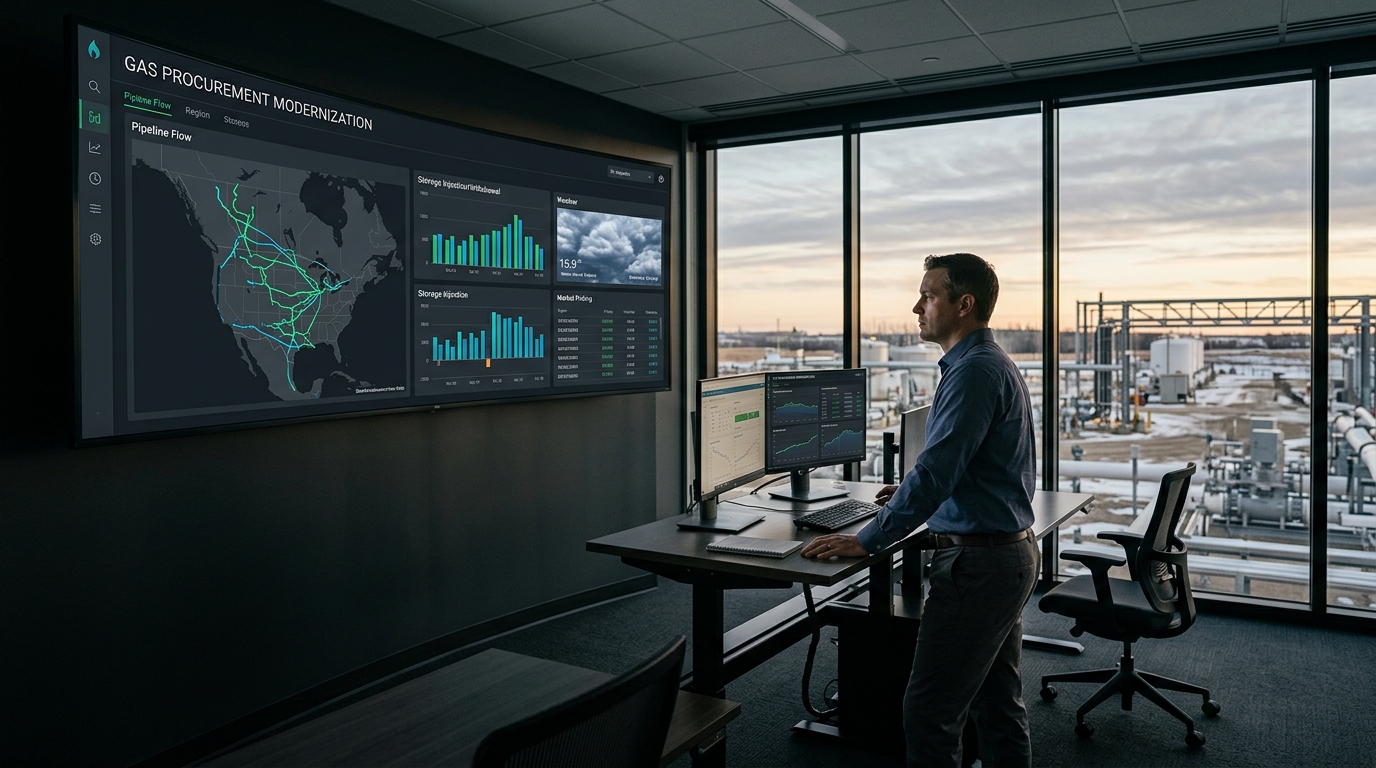 Gas procurement modernization control room — pipeline flow dashboard, storage injection charts, weather data, and compressor station at dusk