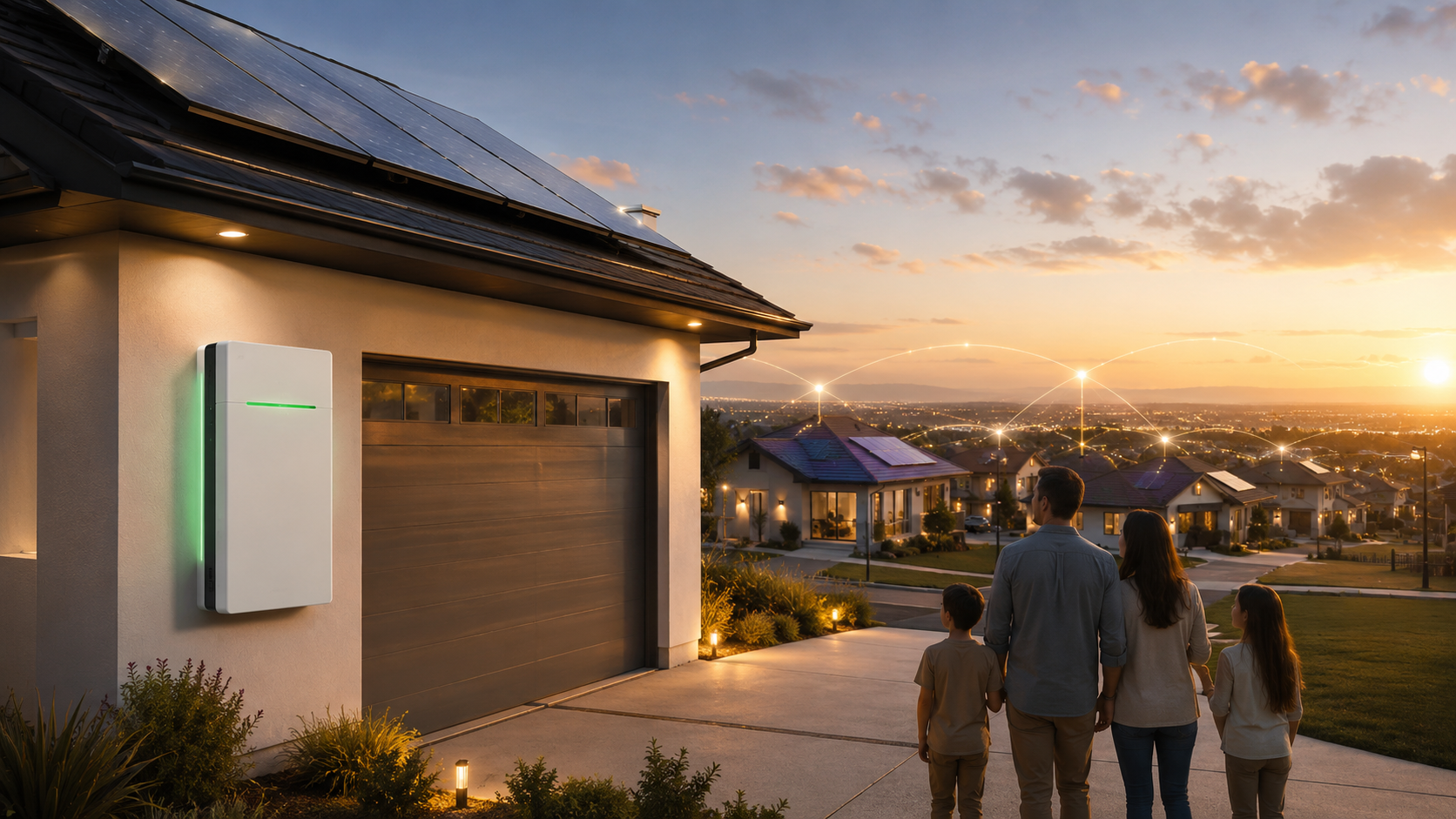 Residential home with battery storage connected to the energy grid — illustrating how distributed batteries flatten peak demand and enable better retail energy rates