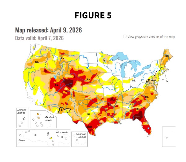 Figure 5 — U.S. Drought Monitor map released April 9, 2026 showing widespread drought conditions across deregulated energy markets